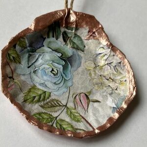 Handcrafted Shell Ornament Blue Rose Floral Pink Metallic Decoupage